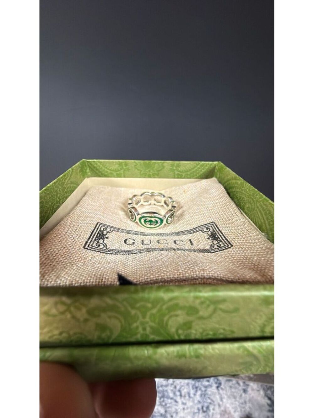 Gucci Interlocking Sterling Silver Green Enamel 9mm Ring Size 8 w/COA